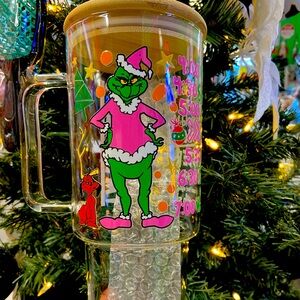 Grinch glass cup with glasss straw. Brand new